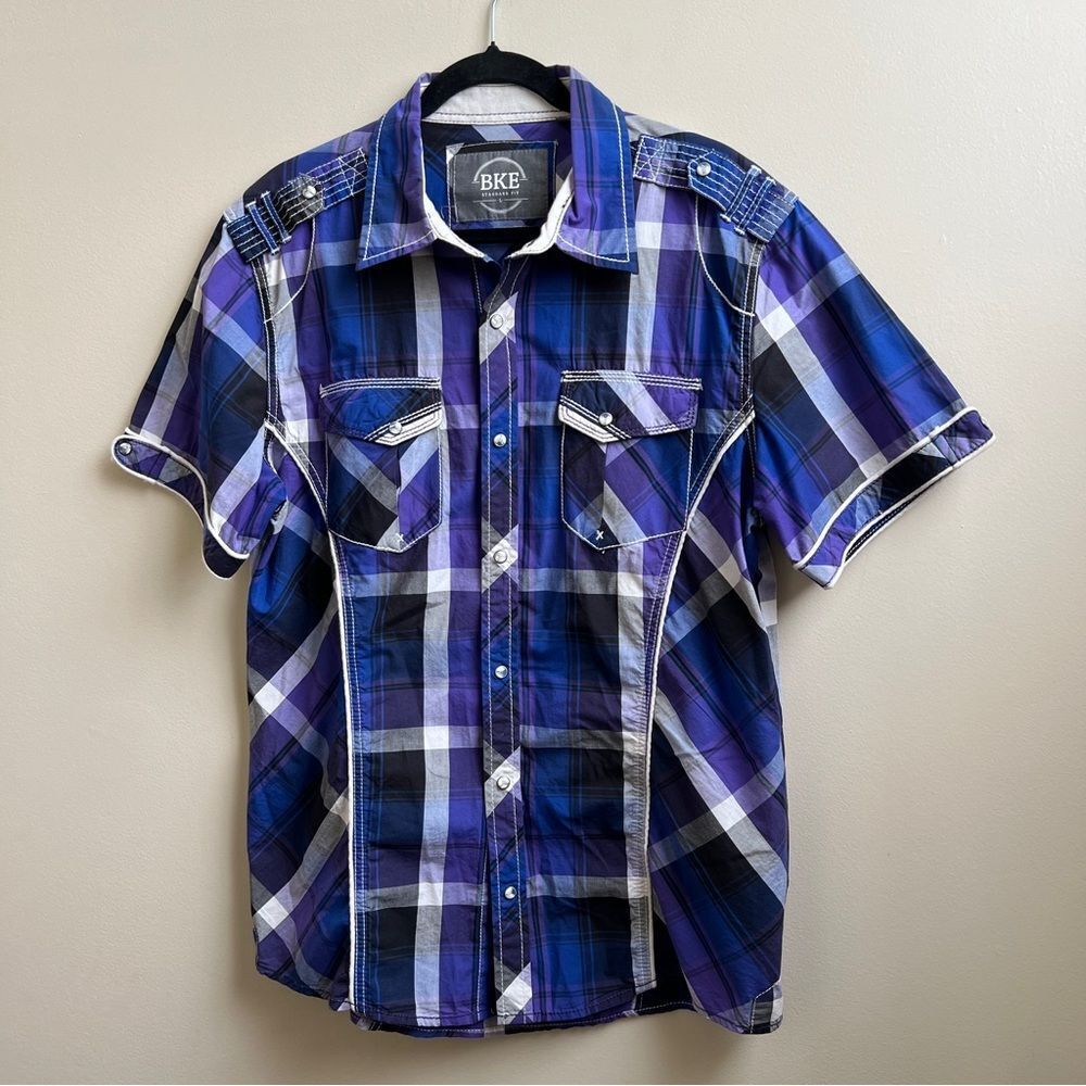BKE Men's Snap Up Short Sleeve plaid western Shirt Size L